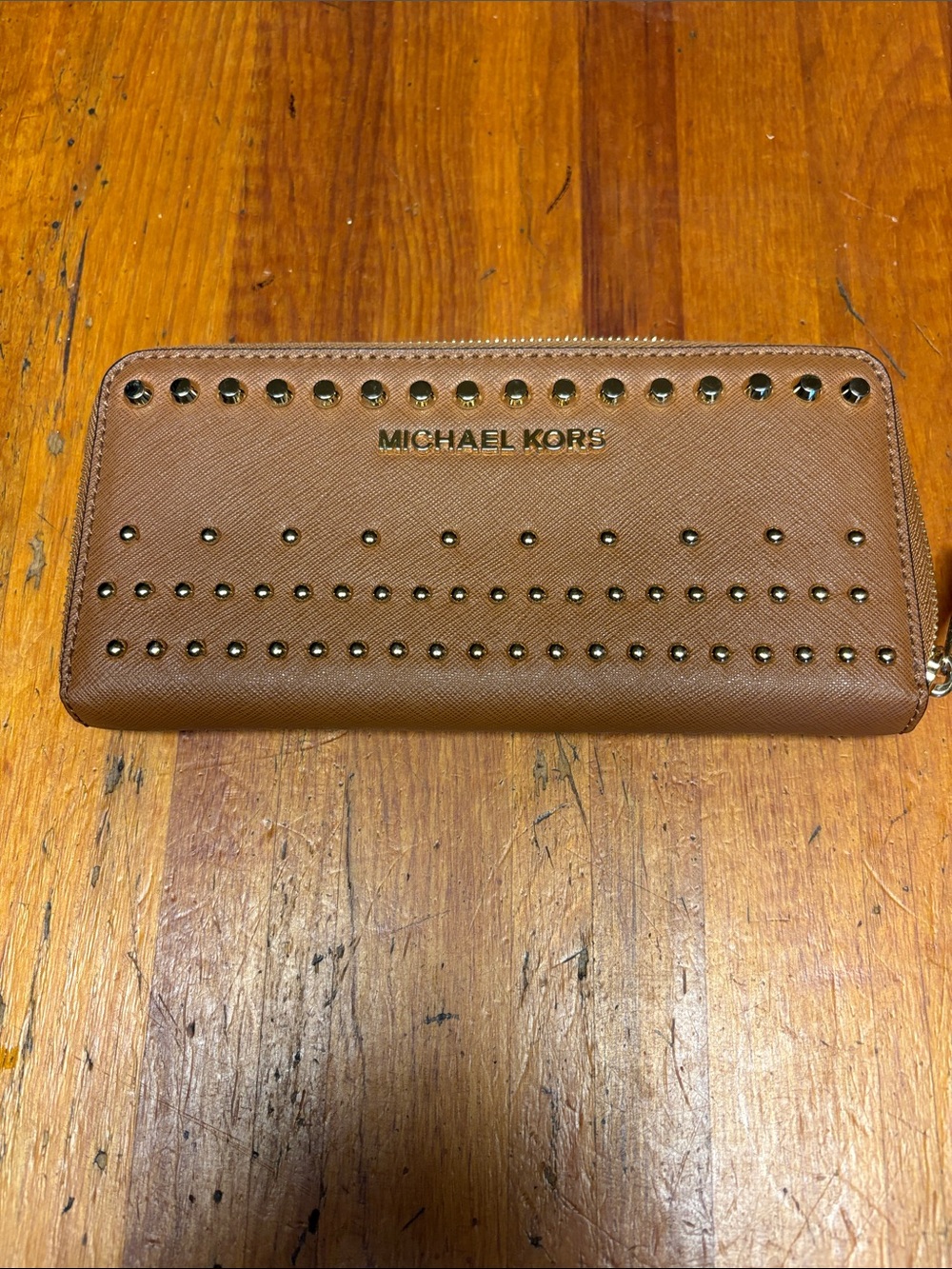 Michael Kors Tan Brown Studded Leather Wallet with Gold Logo